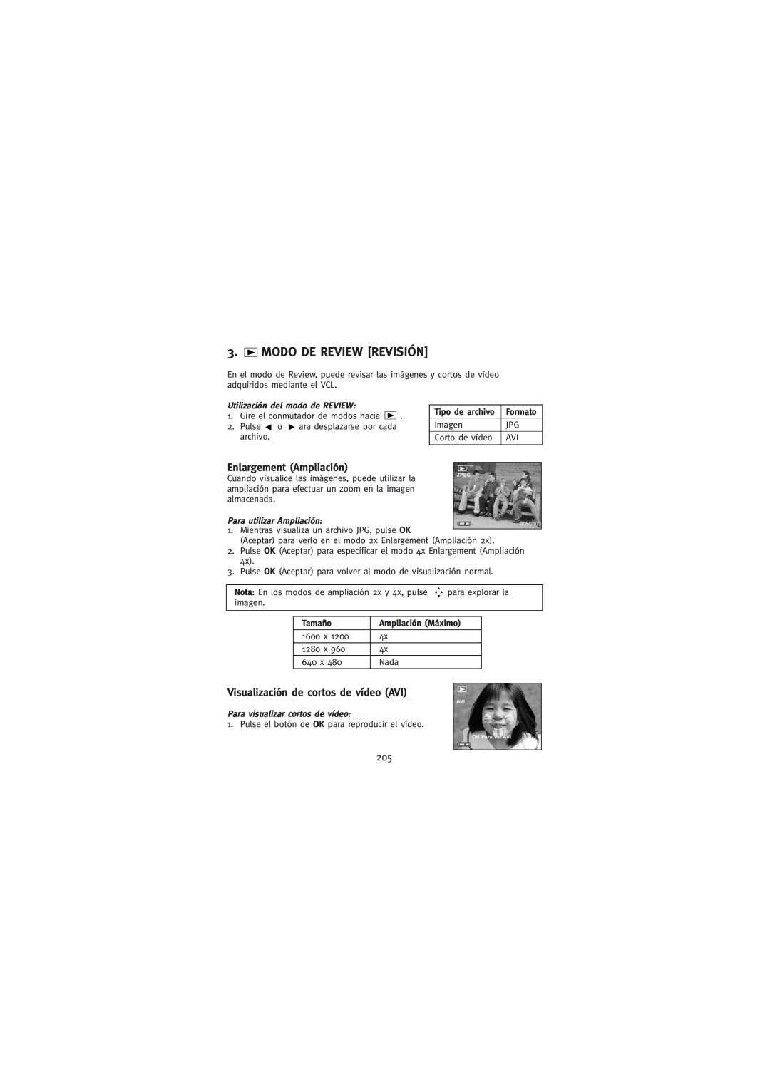Concord Camera Duo 2000 manual Enlargement Ampliación, Visualización de cortos de vídeo AVI, 205, Tipo de archivo, Tamaño 