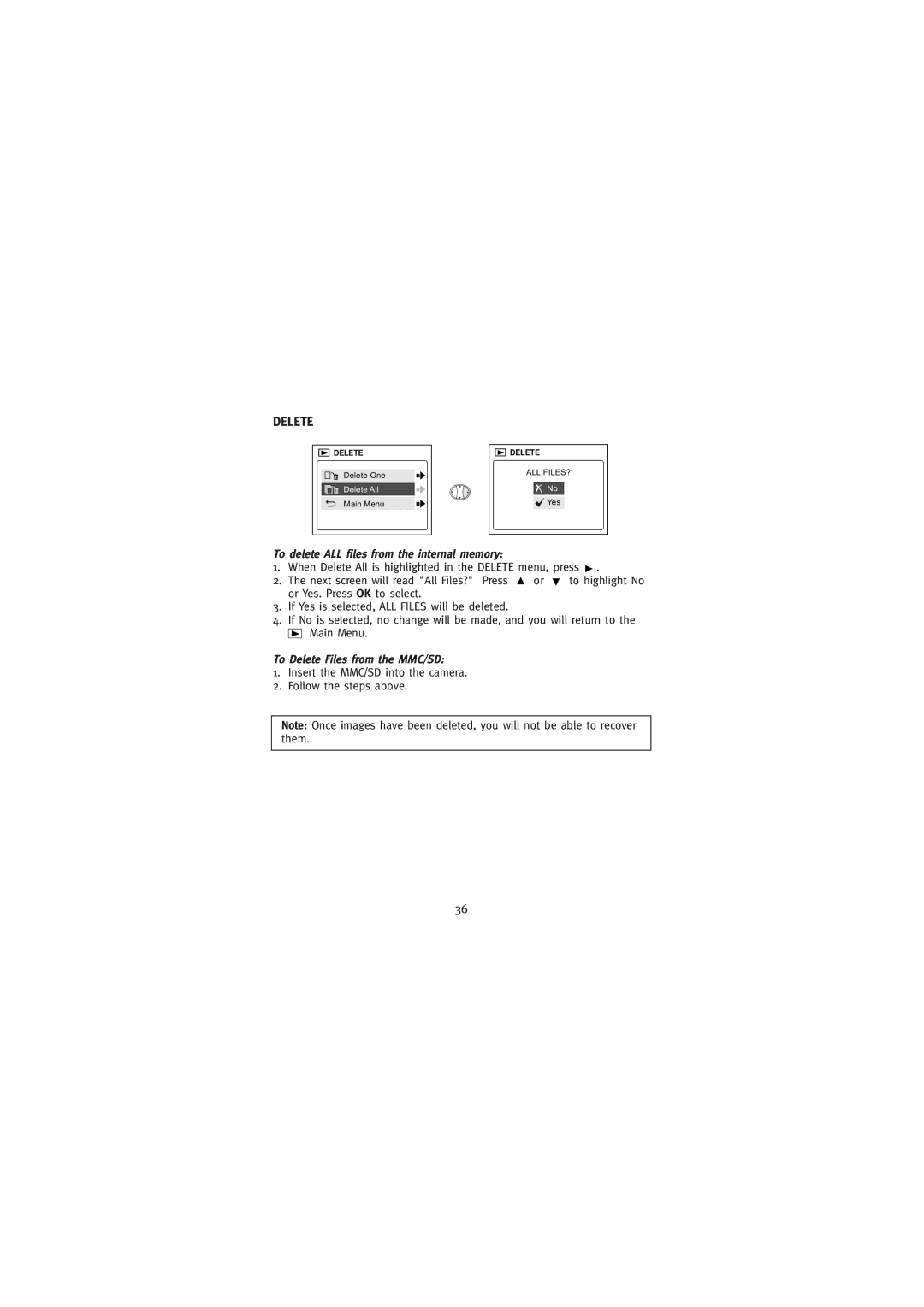 Concord Camera Duo 2000 manual To delete ALL files from the internal memory, To Delete Files from the MMC/SD 