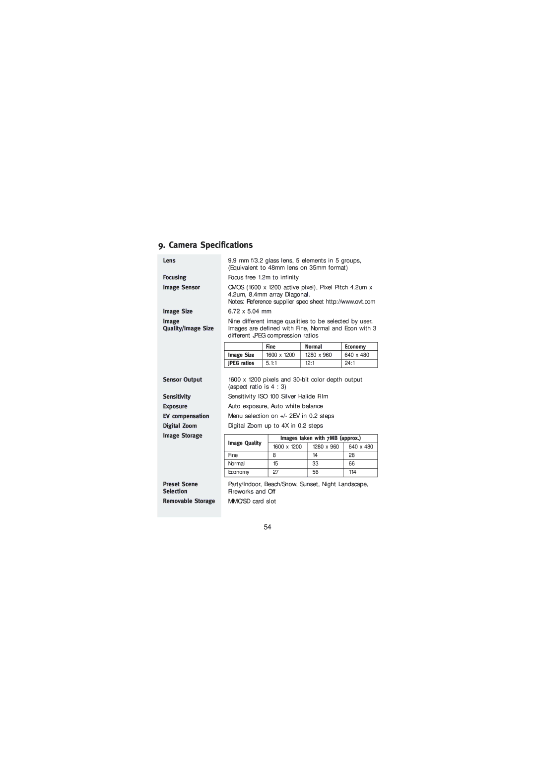 Concord Camera Duo 2000 Camera Specifications, Lens Focusing Image Sensor Image Size, Sensor Output Sensitivity Exposure 