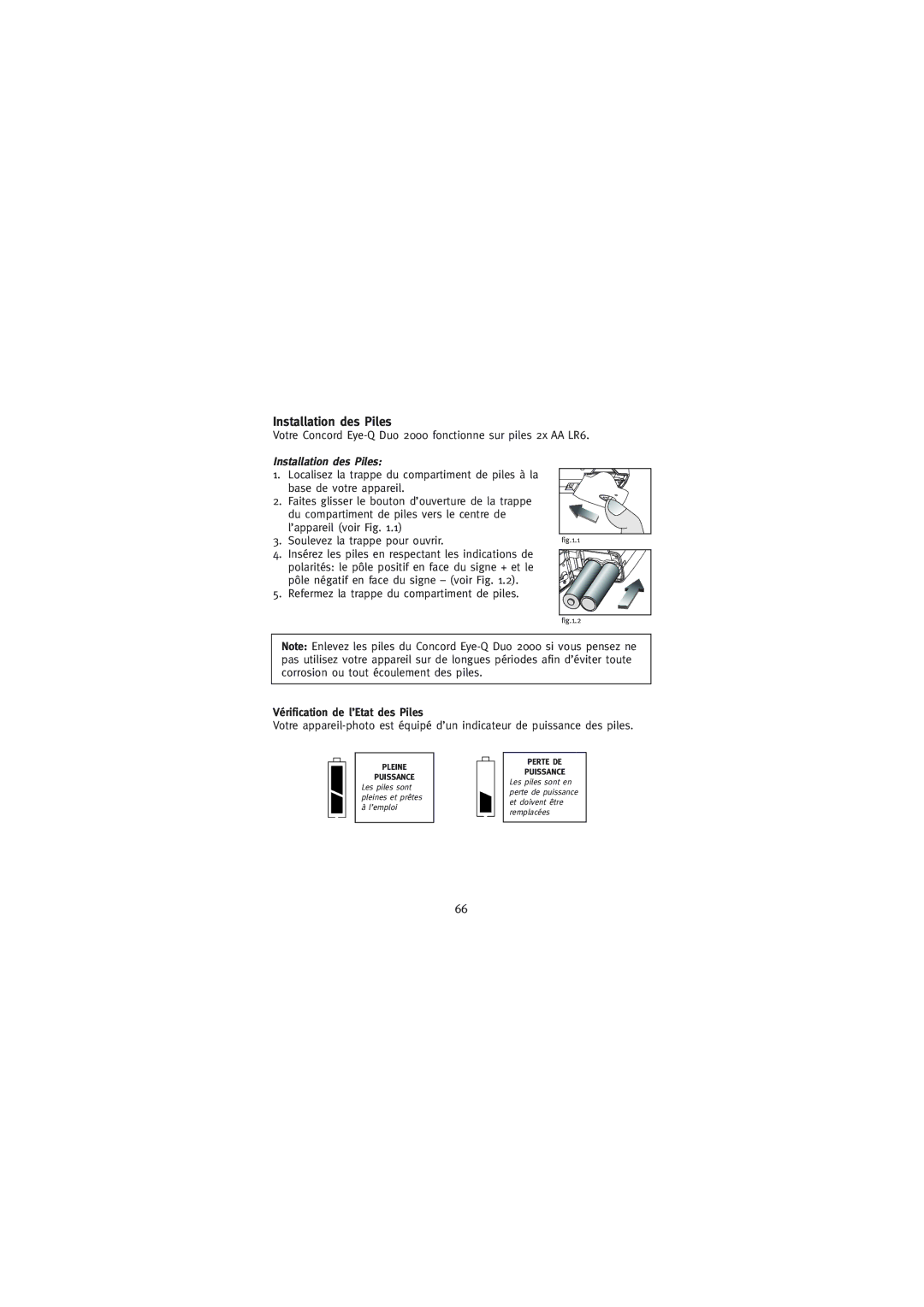 Concord Camera Duo 2000 manual Installation des Piles, Vérification de l’Etat des Piles 
