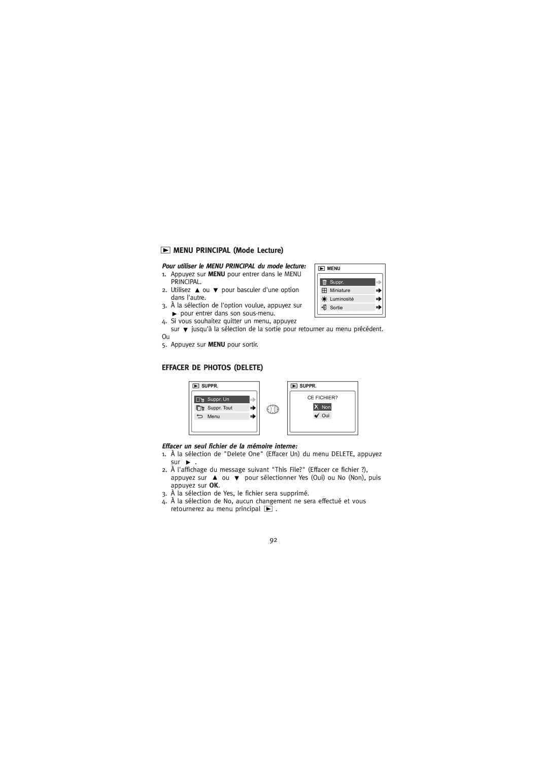 Concord Camera Duo 2000 manual Menu Principal Mode Lecture, Effacer DE Photos Delete 