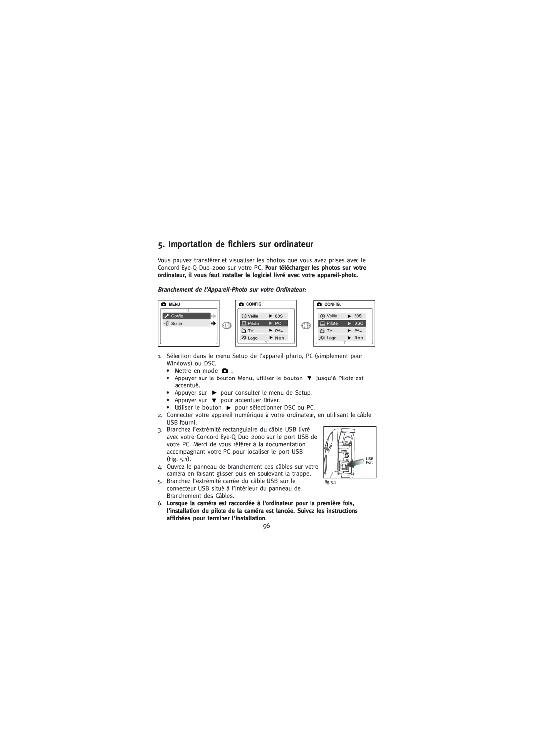 Concord Camera Duo 2000 manual Importation de fichiers sur ordinateur, Branchement de l’Appareil-Photo sur votre Ordinateur 