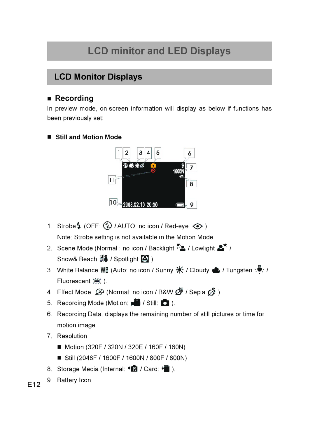 Concord Camera DV2020 manual LCD Monitor Displays, Recording, Still and Motion Mode 