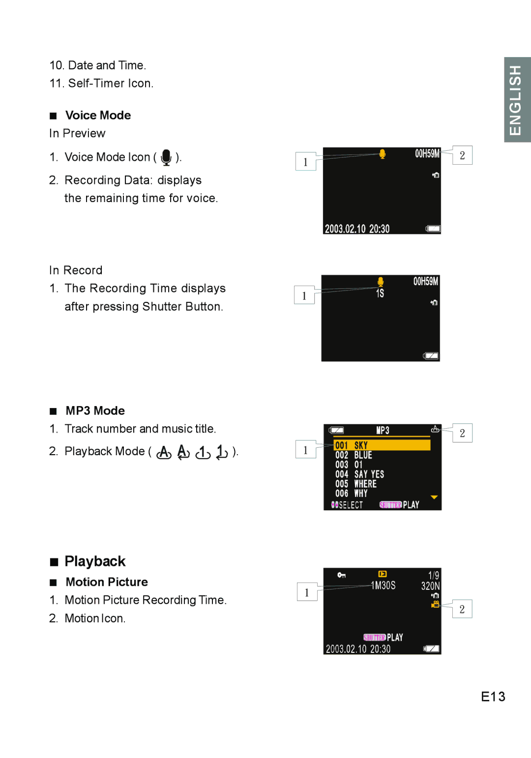 Concord Camera DV2020 manual „ Playback, E13, „ Voice Mode In Preview, „ MP3 Mode, „ Motion Picture 