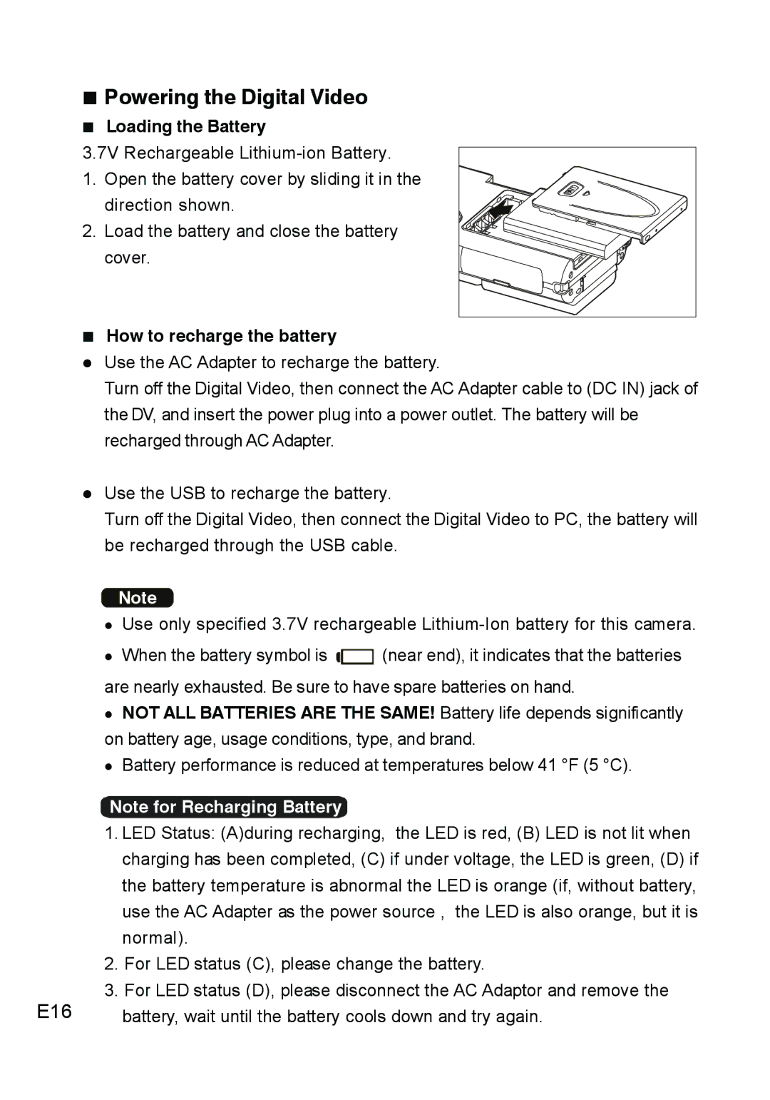 Concord Camera DV2020 manual „ Powering the Digital Video, E16, „ Loading the Battery, „ How to recharge the battery 