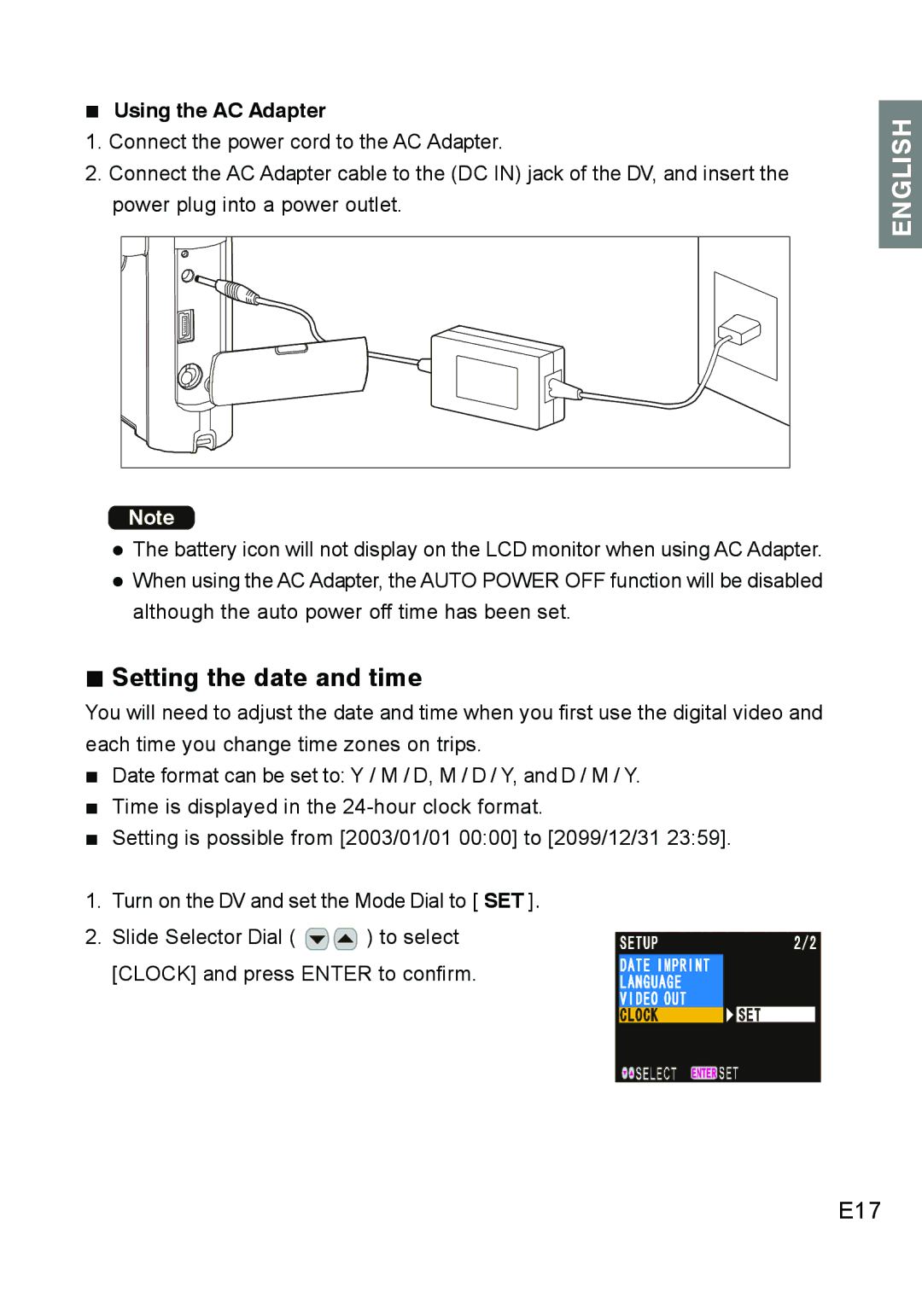 Concord Camera DV2020 manual E17, „ Using the AC Adapter 