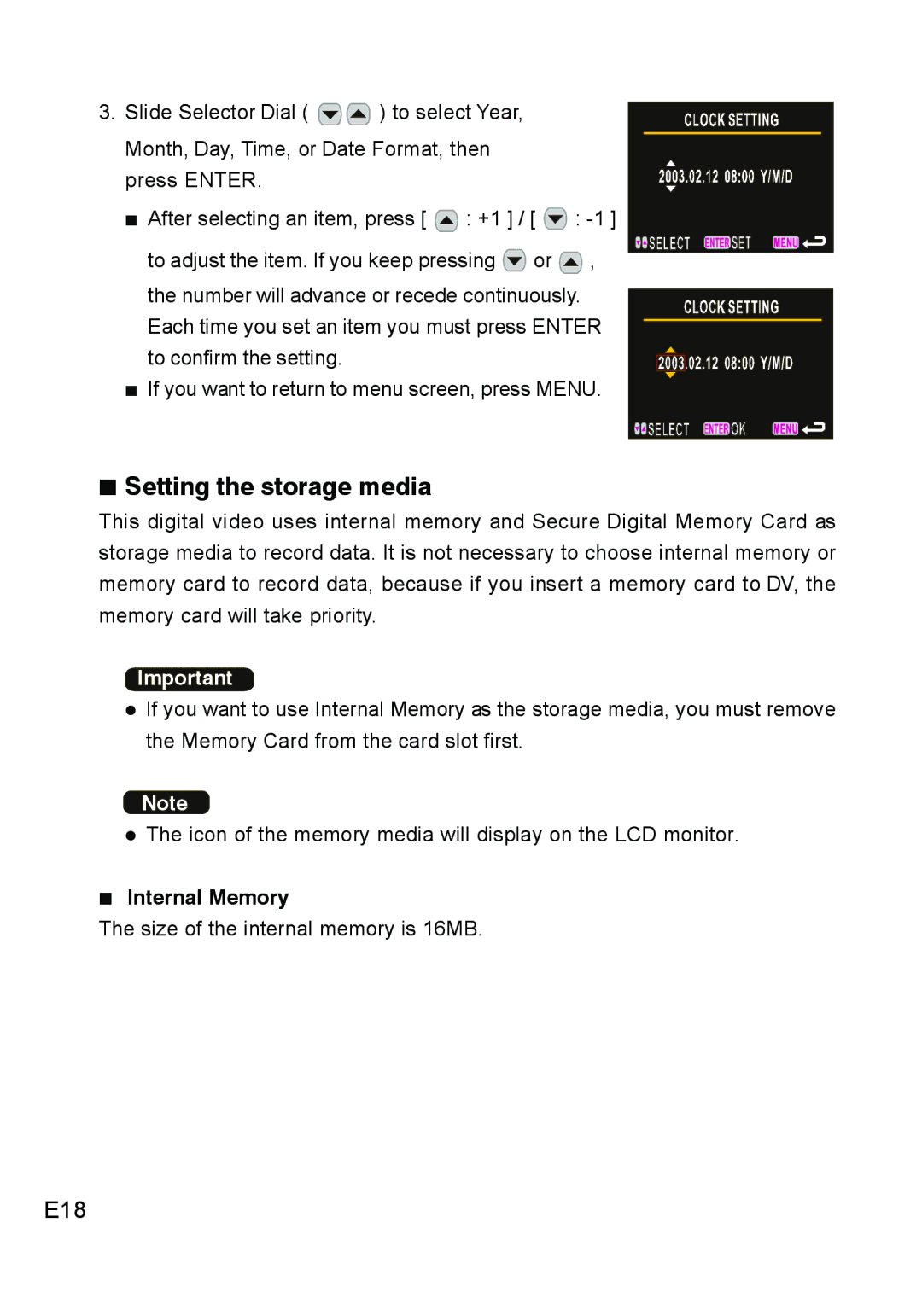 Concord Camera DV2020 manual E18, „ Internal Memory 