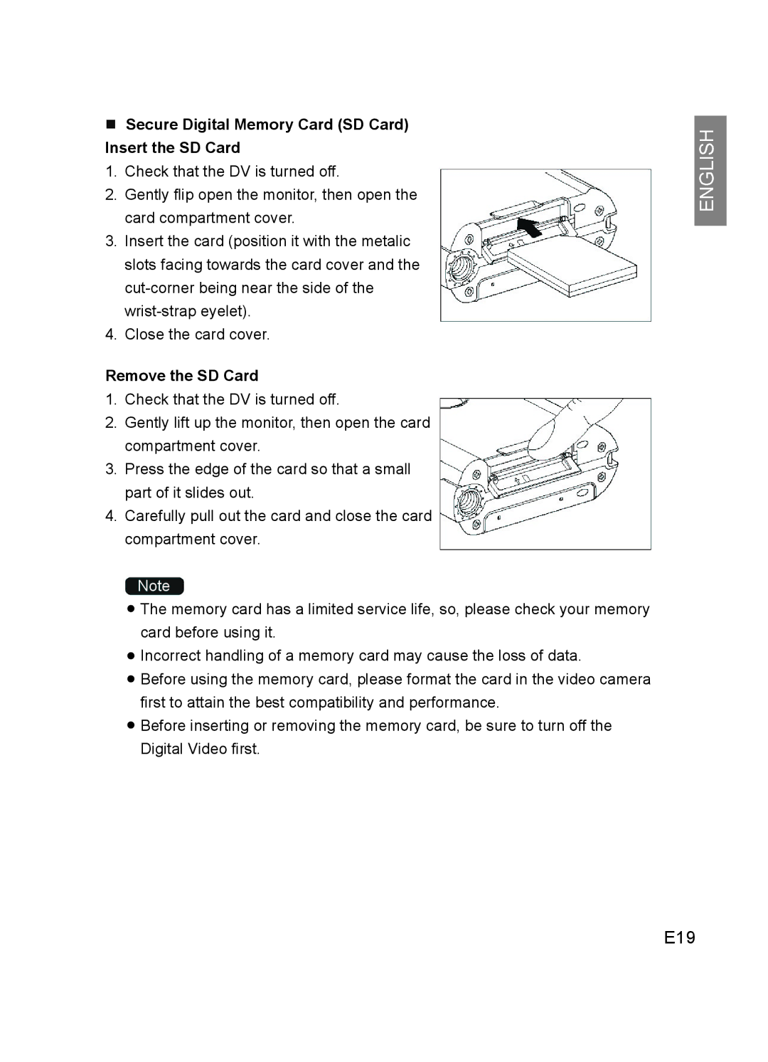 Concord Camera DV2020 manual E19, Secure Digital Memory Card SD Card Insert the SD Card, Remove the SD Card 