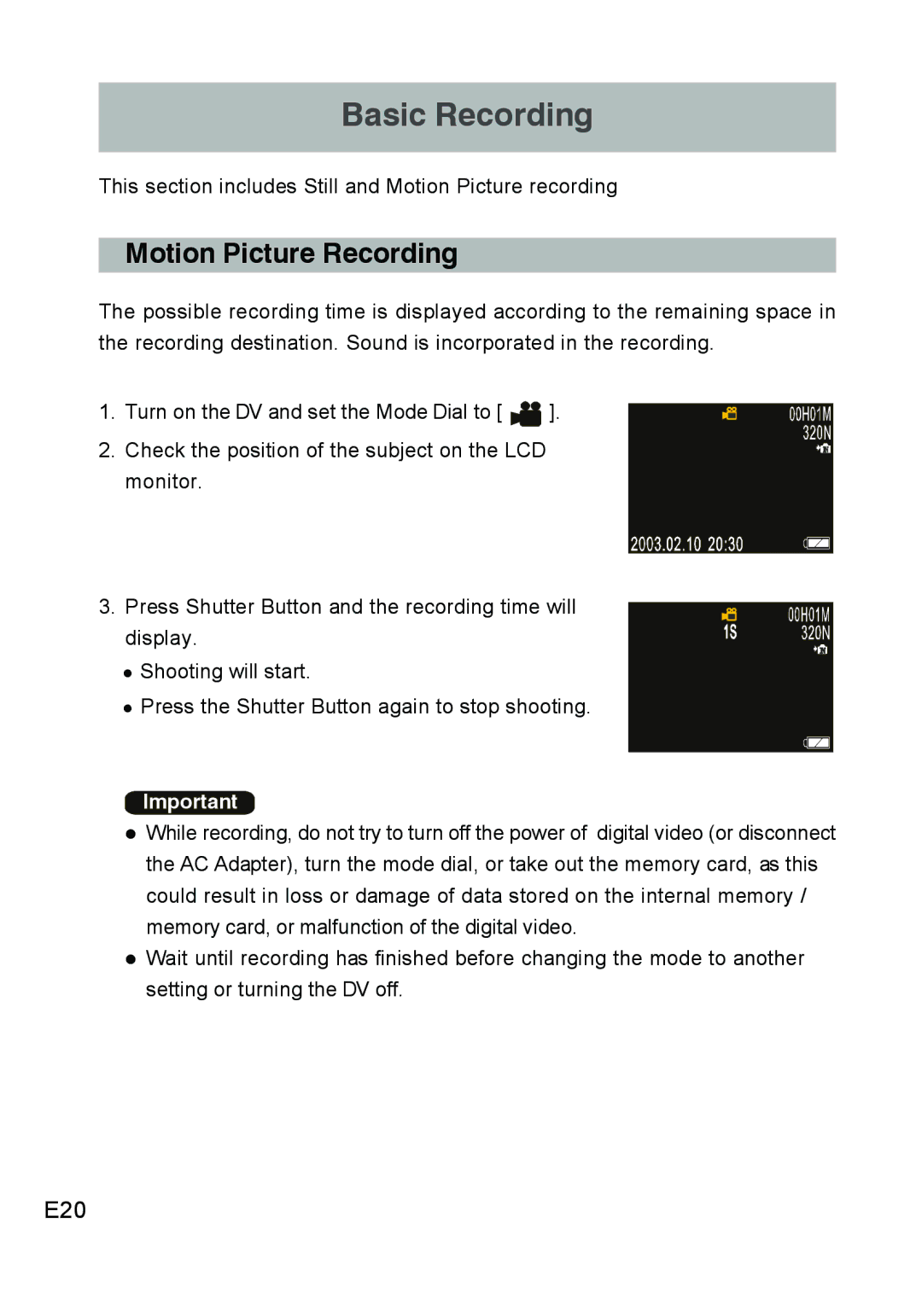 Concord Camera DV2020 manual Motion Picture Recording, E20 