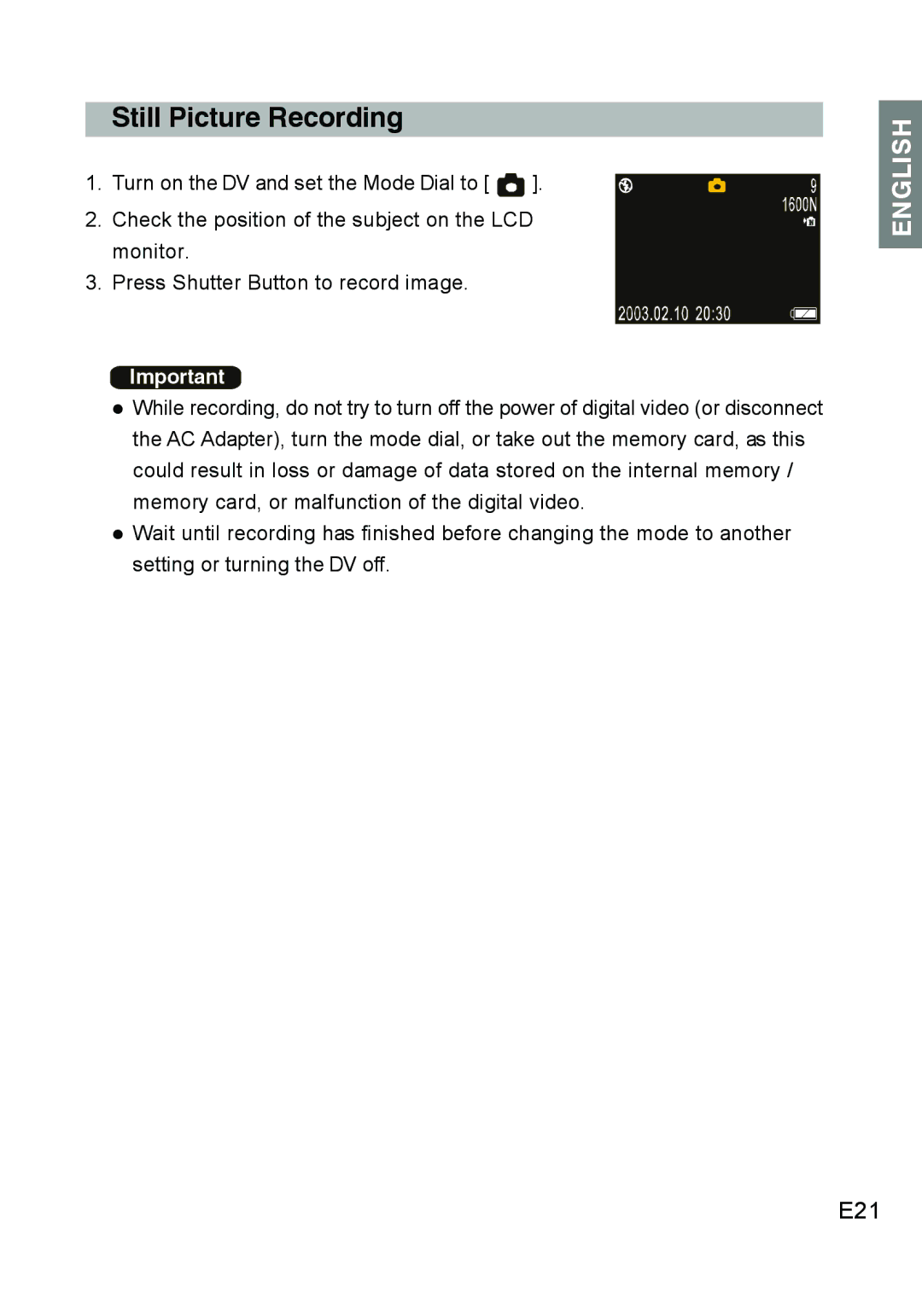 Concord Camera DV2020 manual Still Picture Recording, E21 