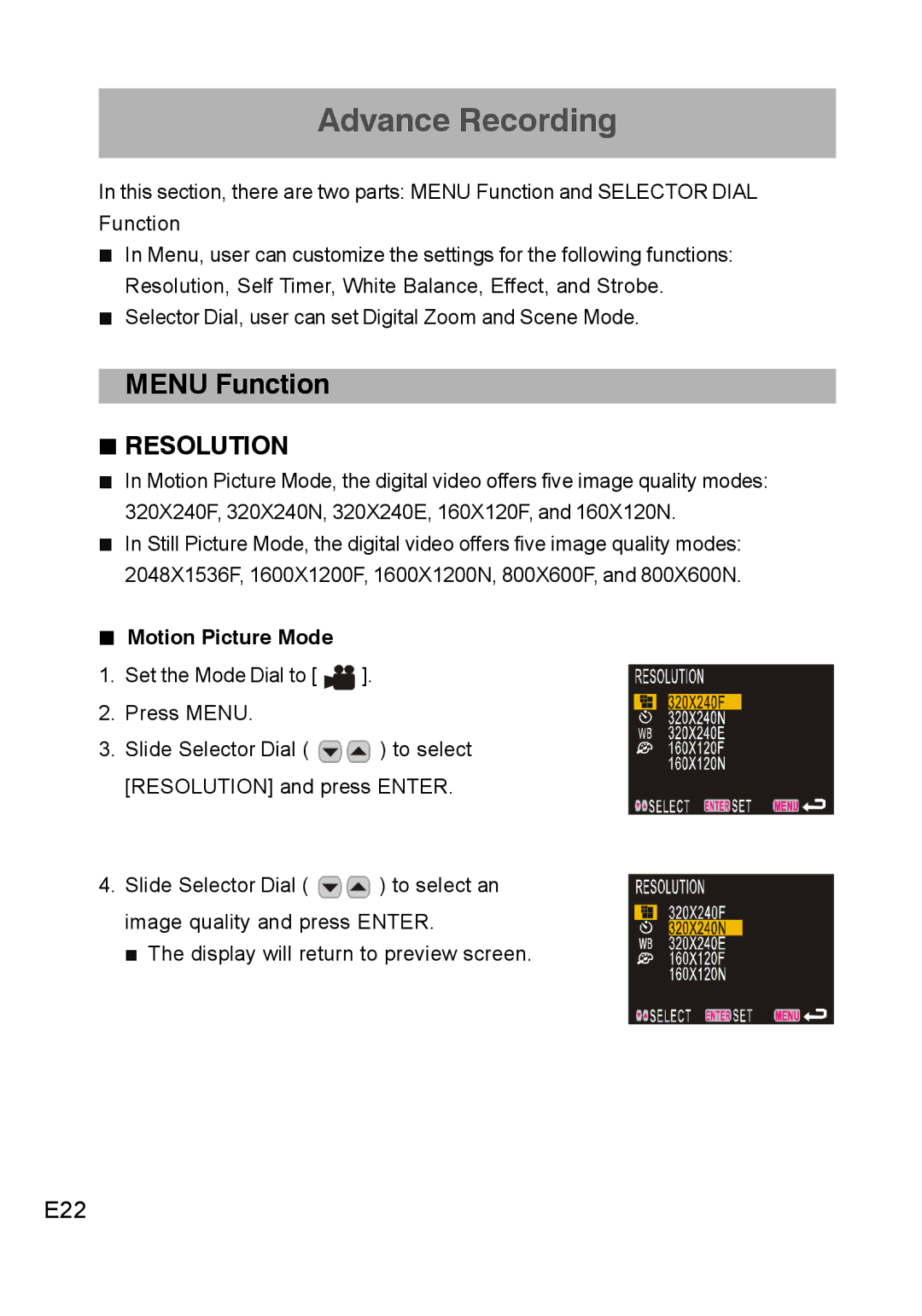 Concord Camera DV2020 manual Menu Function, E22, „ Motion Picture Mode 