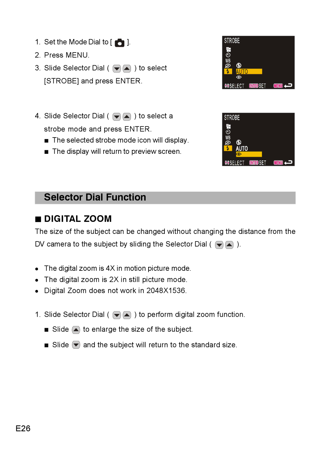 Concord Camera DV2020 manual Selector Dial Function, E26 