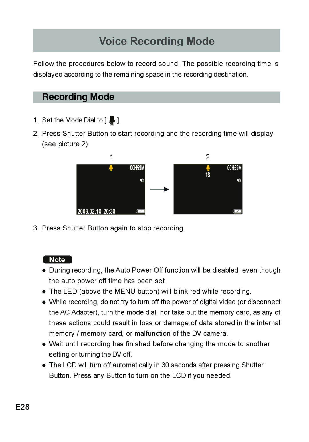 Concord Camera DV2020 manual Recording Mode, E28 