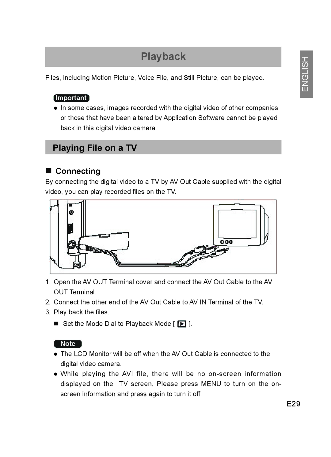 Concord Camera DV2020 manual Playing File on a TV, Connecting, E29 