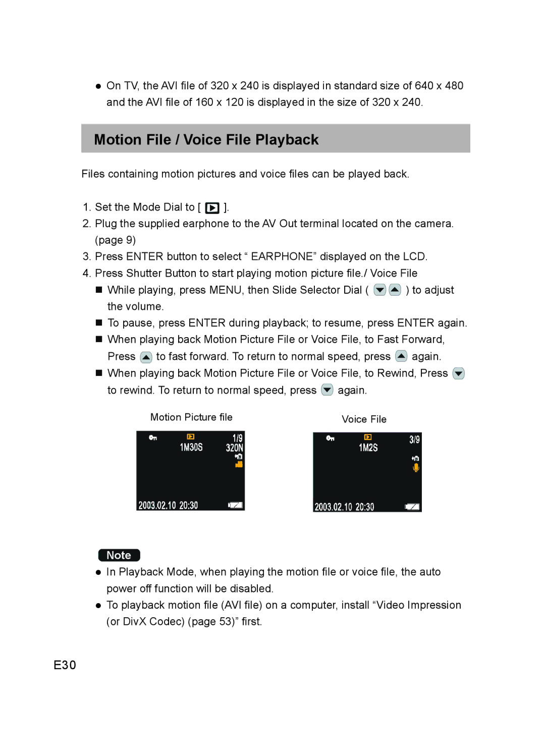 Concord Camera DV2020 manual Motion File / Voice File Playback, E30 