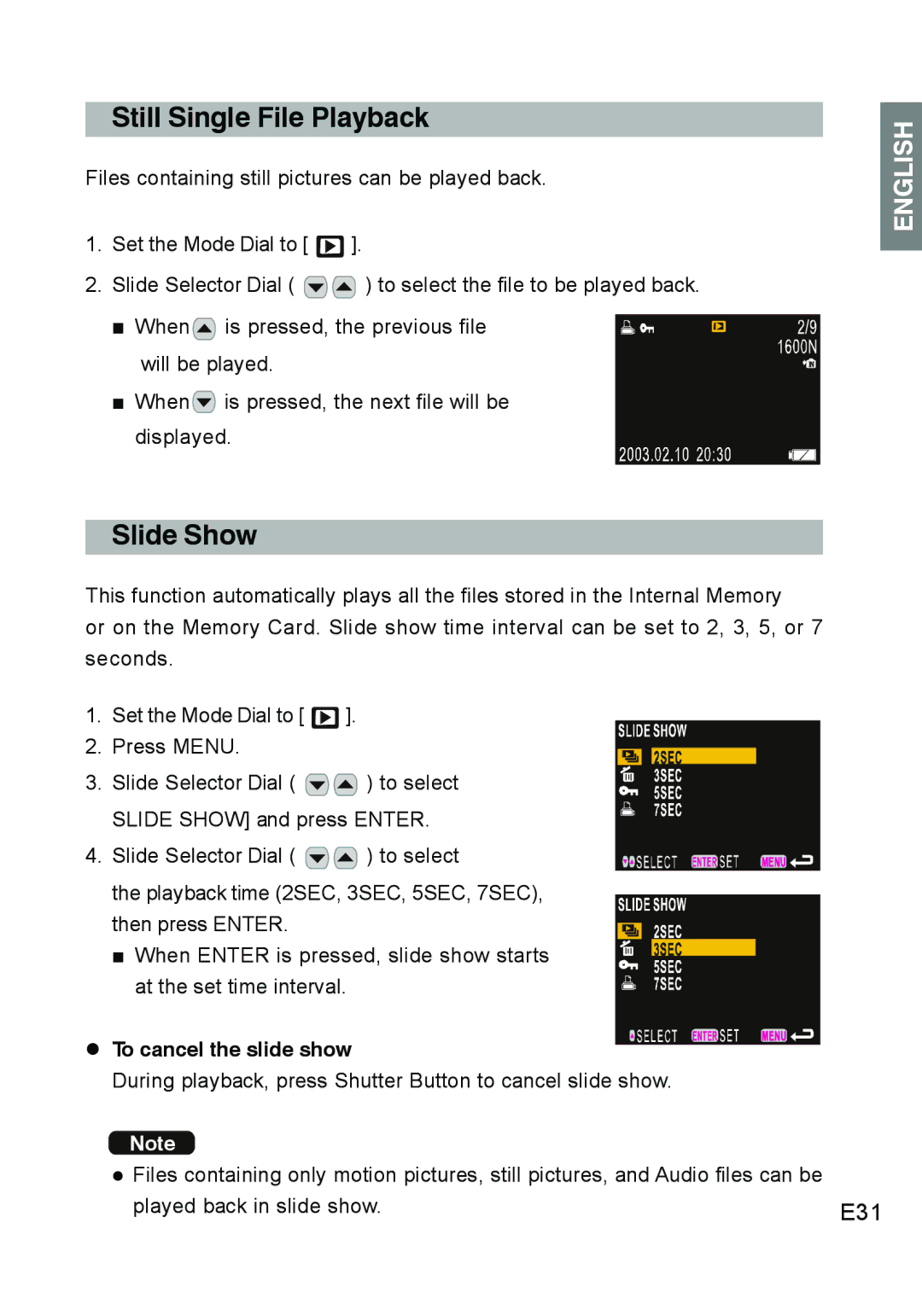 Concord Camera DV2020 manual Still Single File Playback, Slide Show, E31, To cancel the slide show 