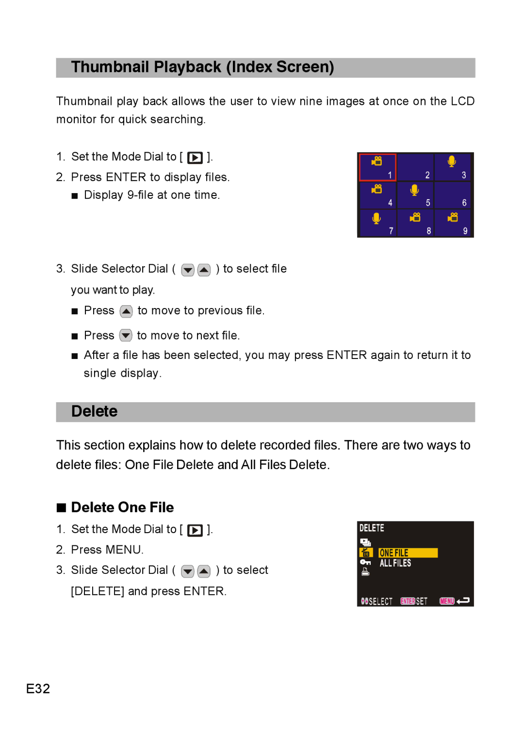 Concord Camera DV2020 manual Thumbnail Playback Index Screen, „ Delete One File, E32 