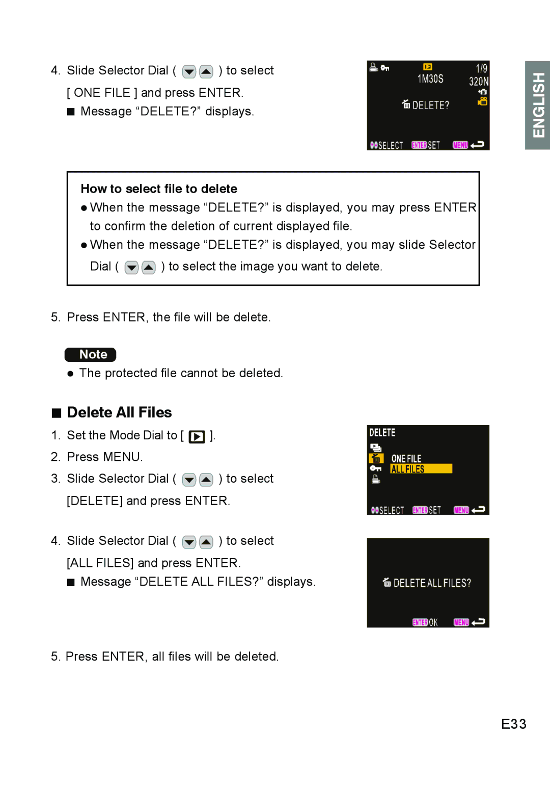 Concord Camera DV2020 manual „ Delete All Files, E33, How to select file to delete 