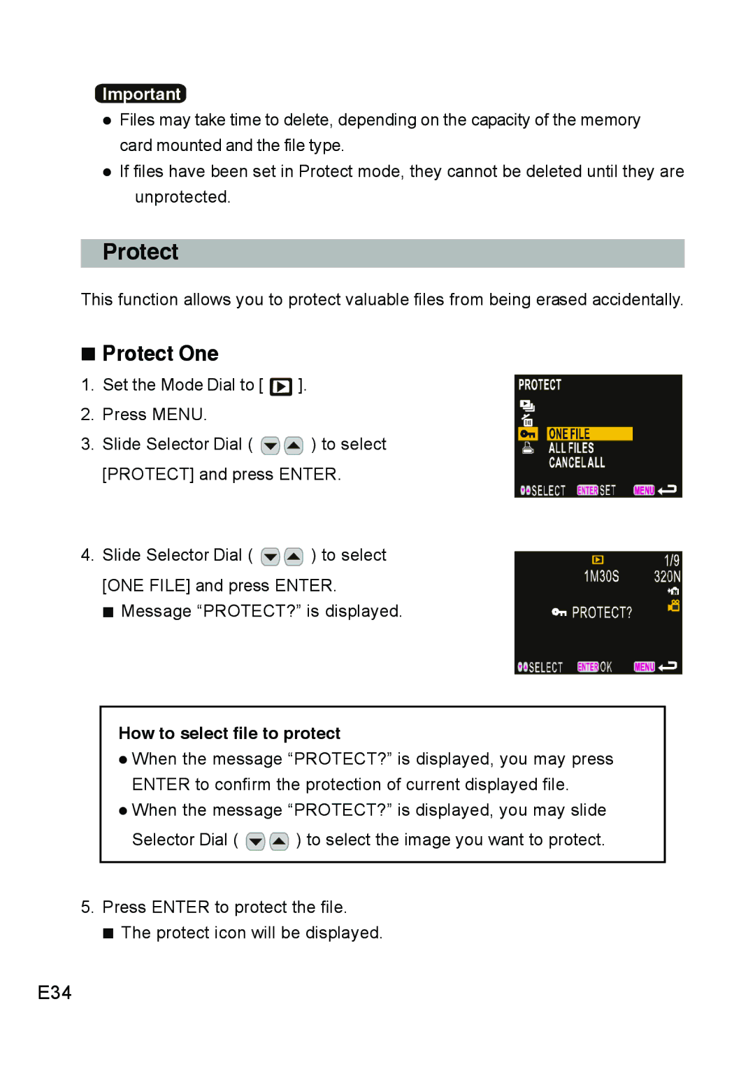 Concord Camera DV2020 manual „ Protect One, E34, How to select file to protect 