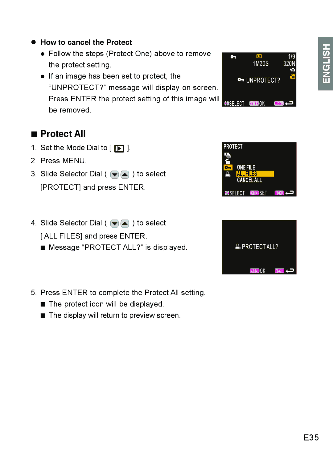 Concord Camera DV2020 manual „ Protect All, E35, How to cancel the Protect 