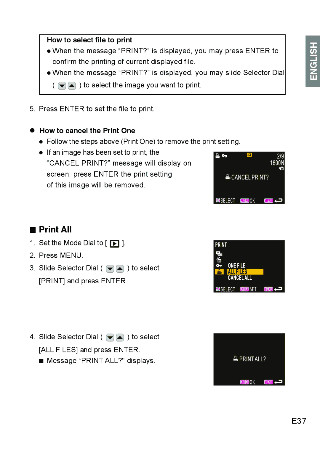 Concord Camera DV2020 manual „ Print All, E37, How to select file to print, How to cancel the Print One 