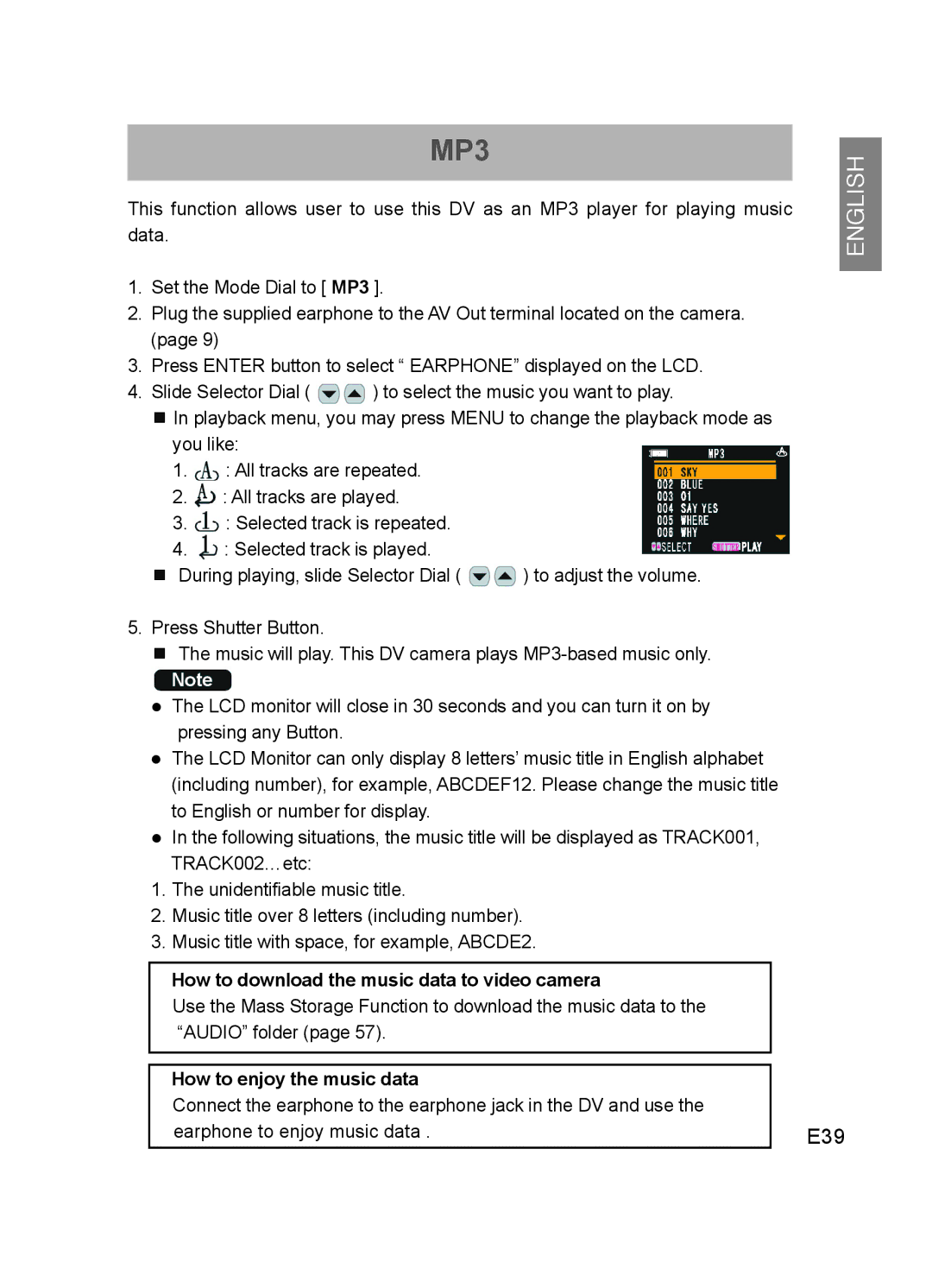 Concord Camera DV2020 manual E39, How to download the music data to video camera, How to enjoy the music data 