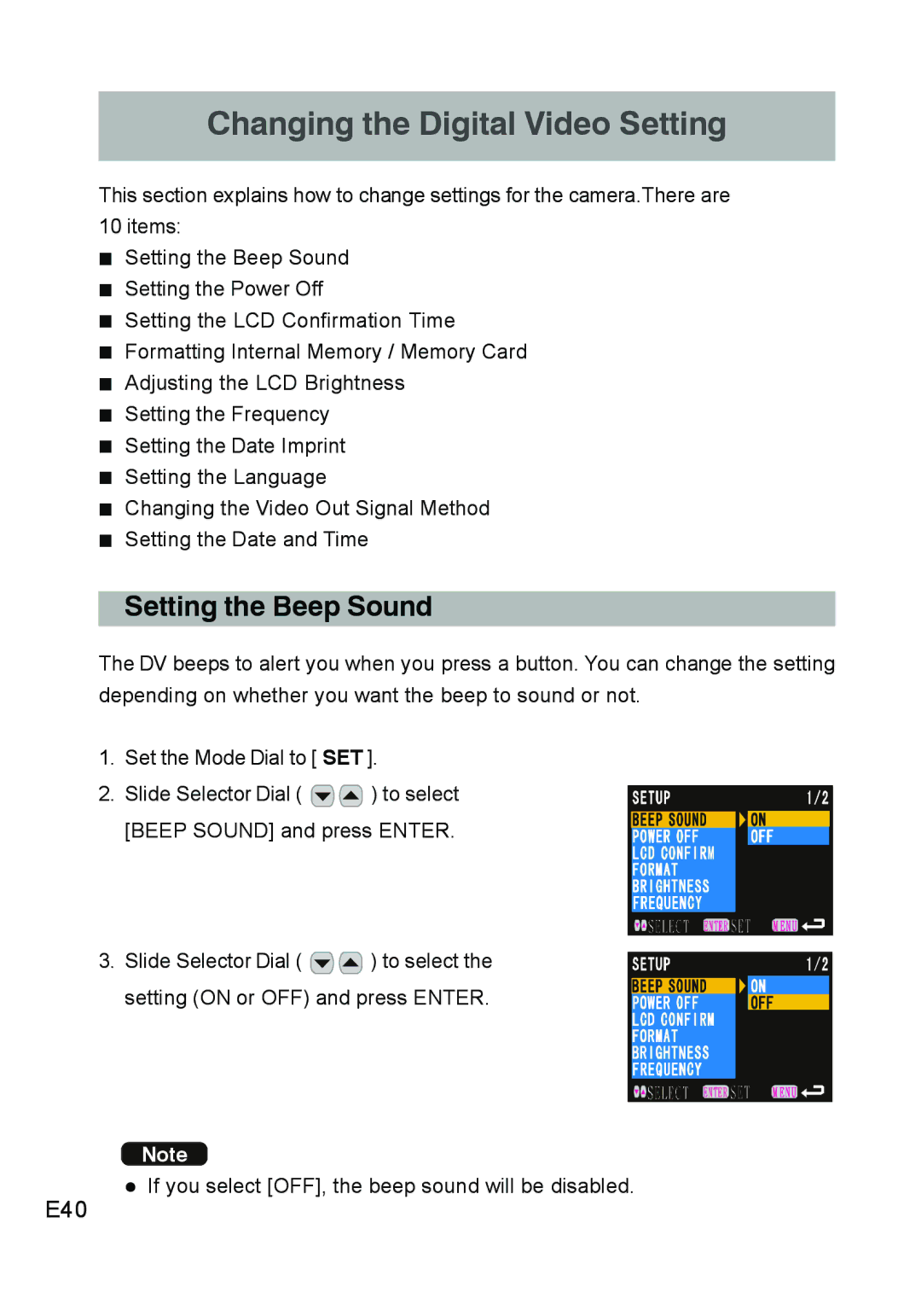 Concord Camera DV2020 manual Setting the Beep Sound, E40 