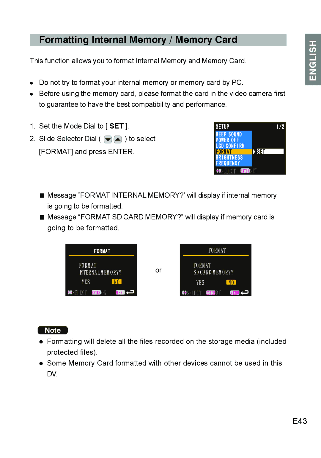 Concord Camera DV2020 manual Formatting Internal Memory / Memory Card, E43 