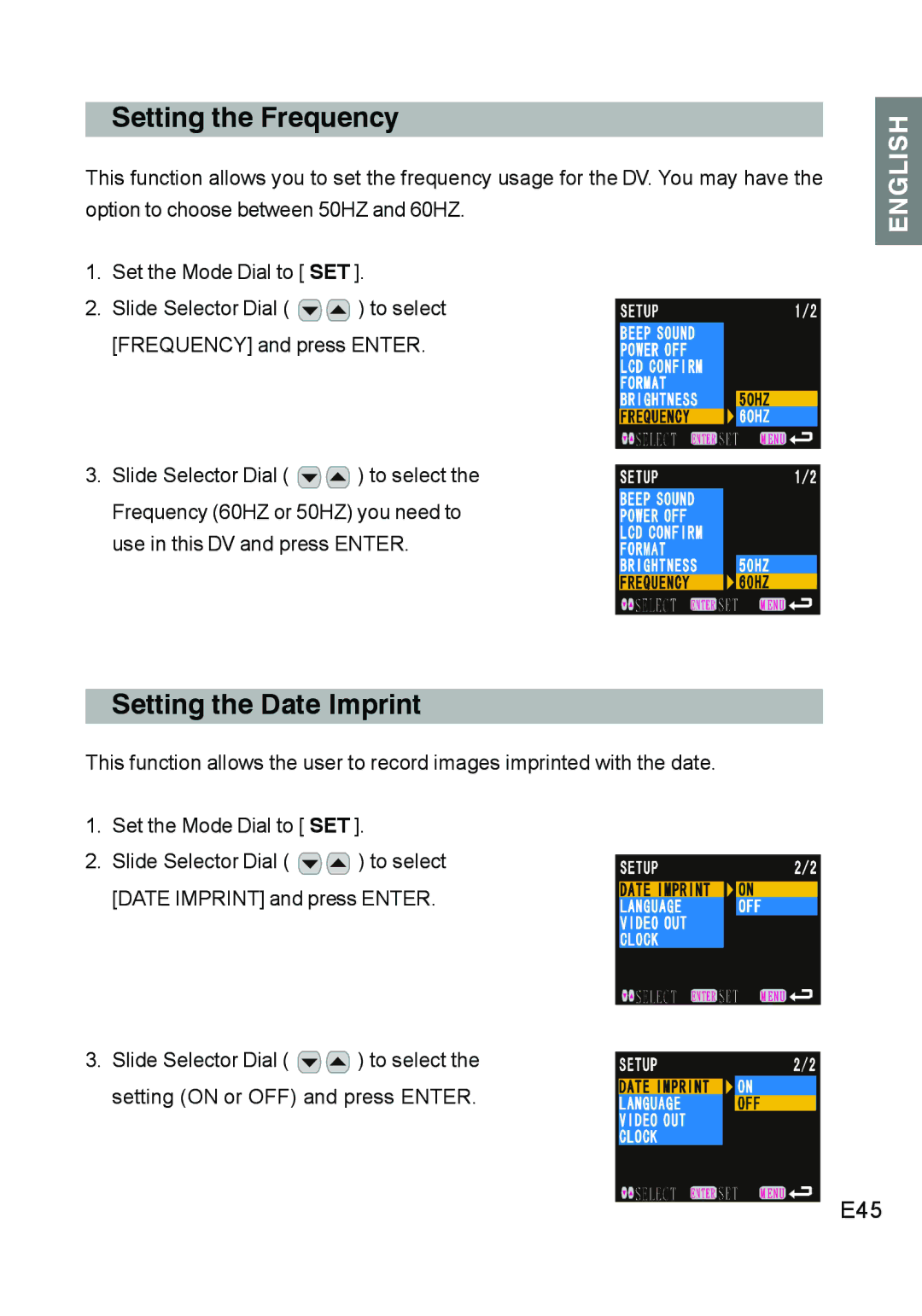 Concord Camera DV2020 manual Setting the Frequency, Setting the Date Imprint, E45 