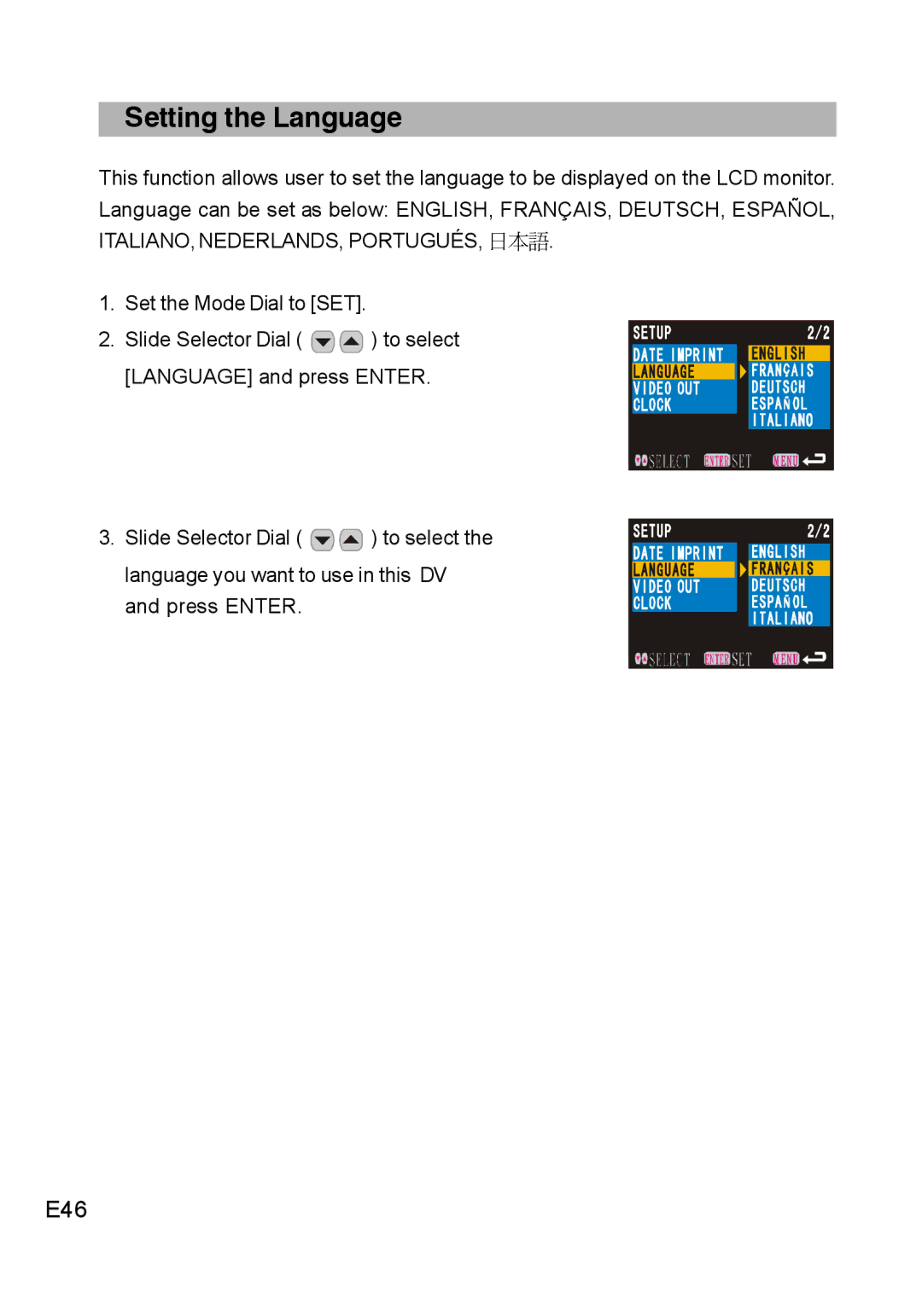 Concord Camera DV2020 manual Setting the Language, E46 