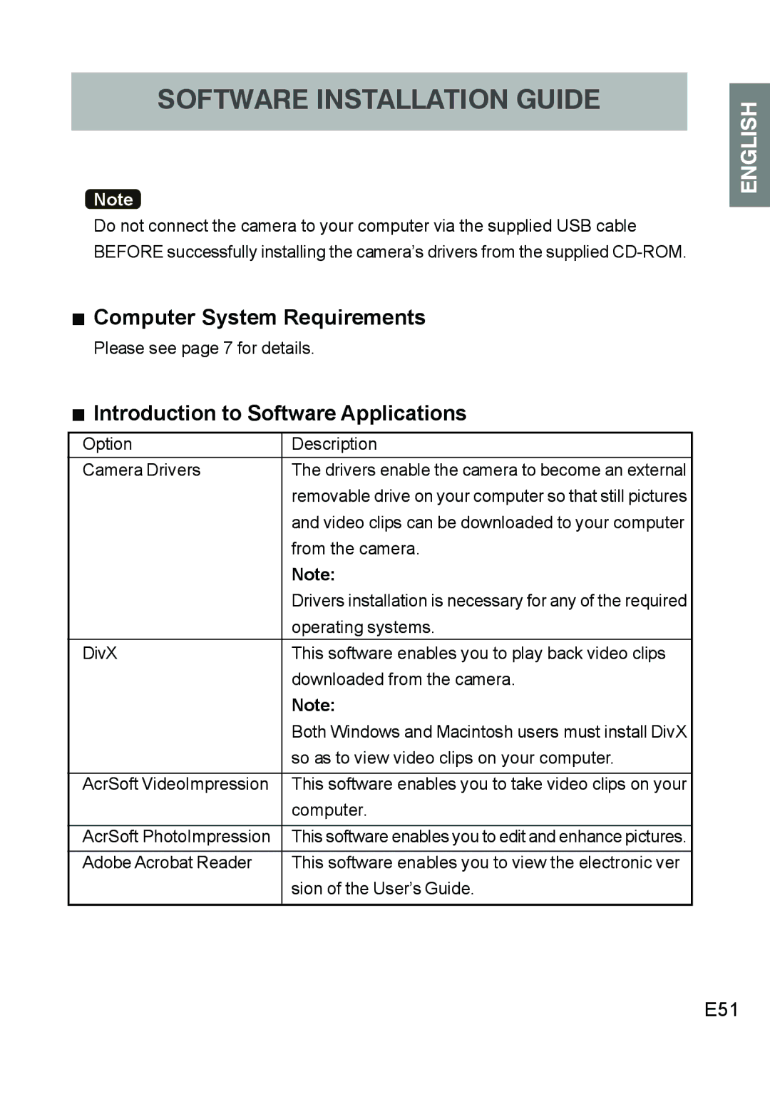 Concord Camera DV2020 manual „ Computer System Requirements, „ Introduction to Software Applications, E51 