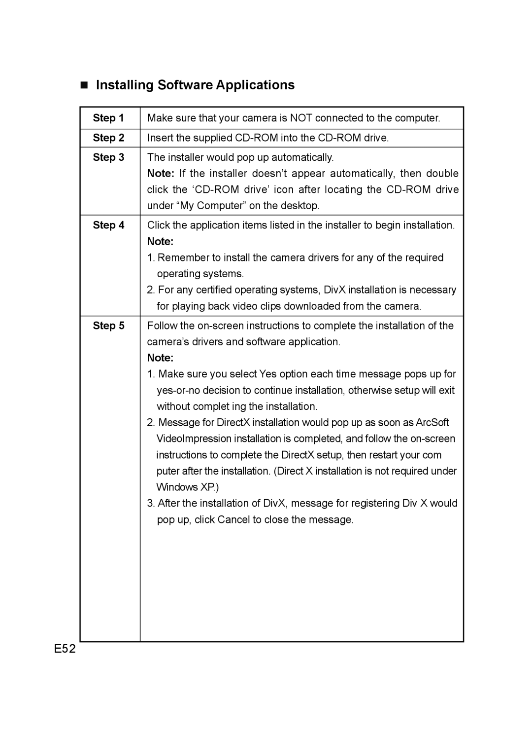 Concord Camera DV2020 manual Installing Software Applications, E52 