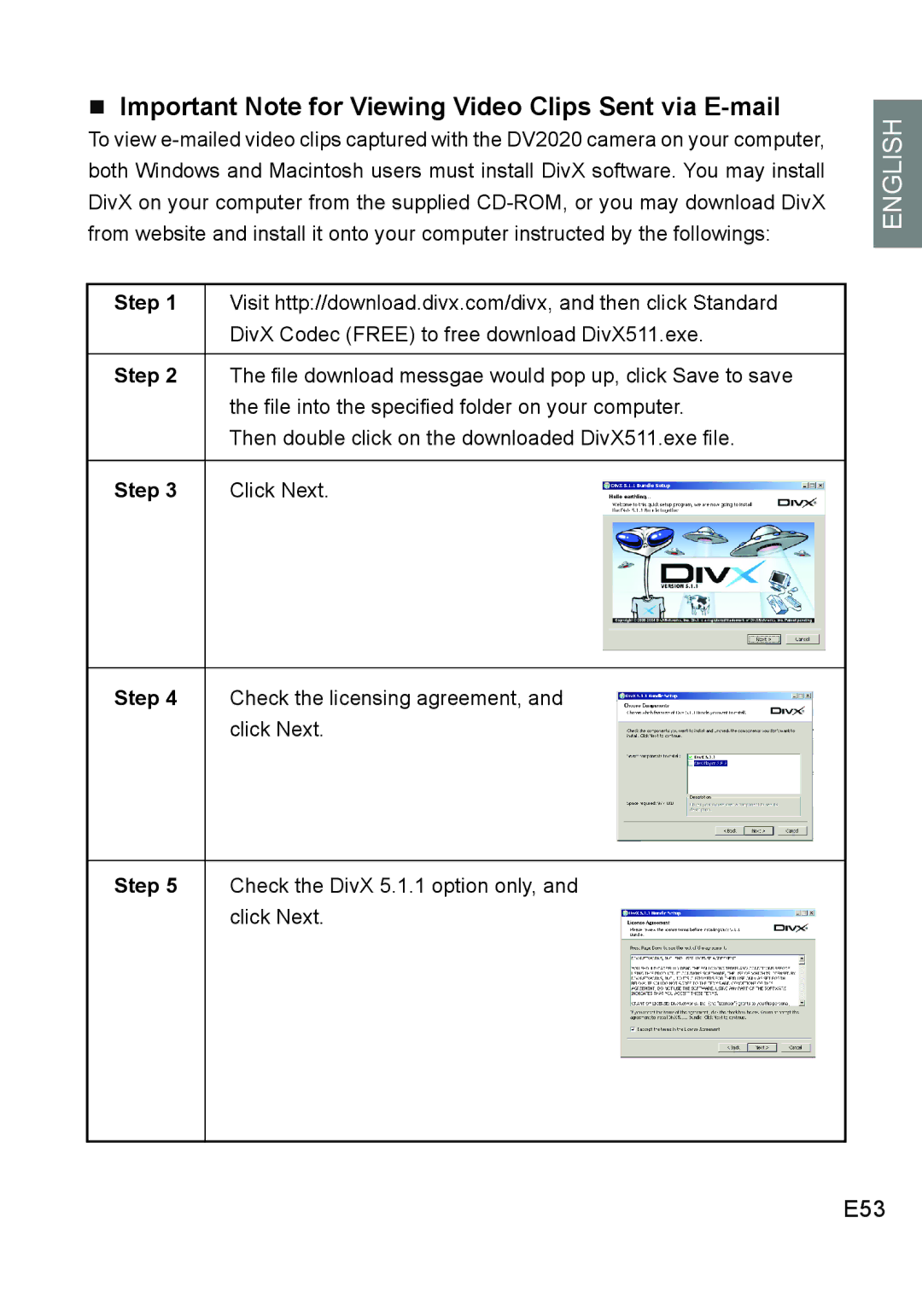 Concord Camera DV2020 manual Important Note for Viewing Video Clips Sent via E-mail, E53, Step Click Next 