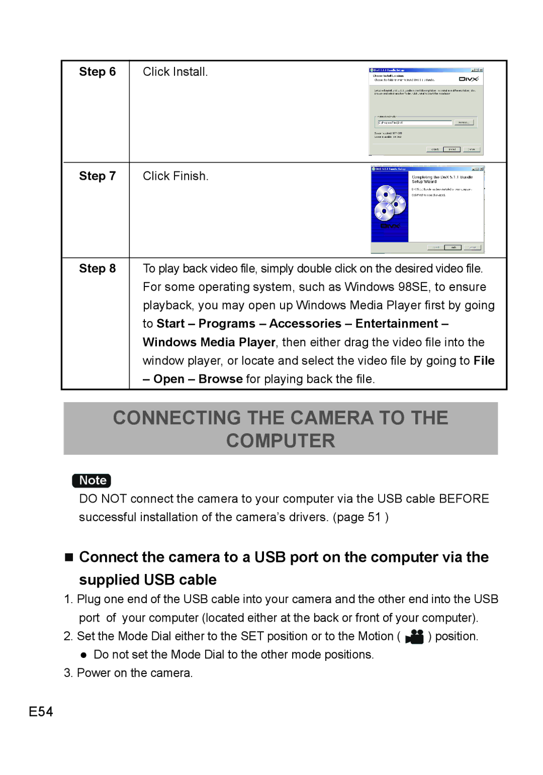 Concord Camera DV2020 manual Connecting the Camera to Computer, E54 