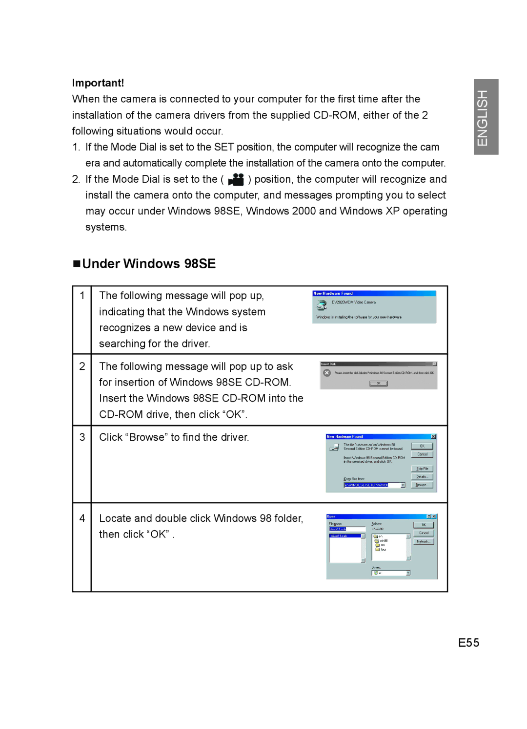 Concord Camera DV2020 manual NUnder Windows 98SE, E55 