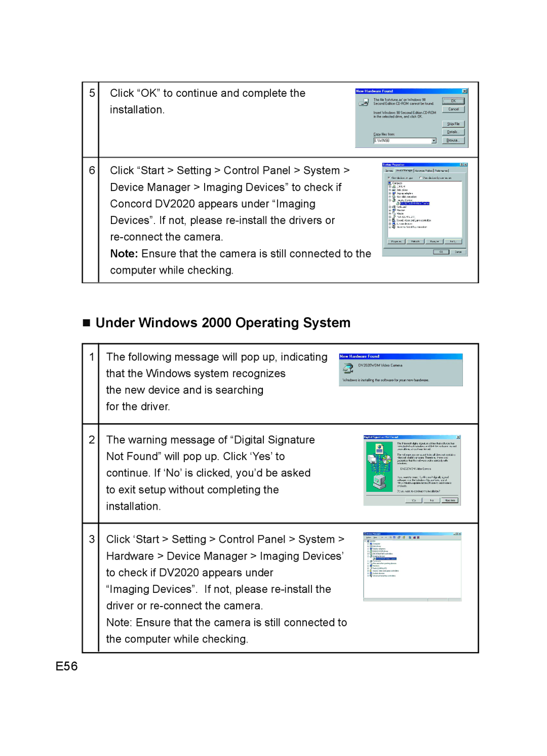 Concord Camera DV2020 manual Under Windows 2000 Operating System, E56 