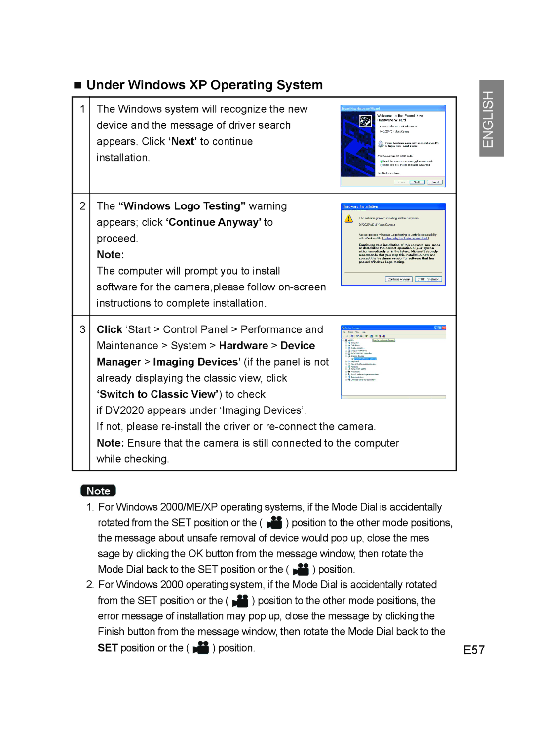 Concord Camera DV2020 manual Under Windows XP Operating System, E57 