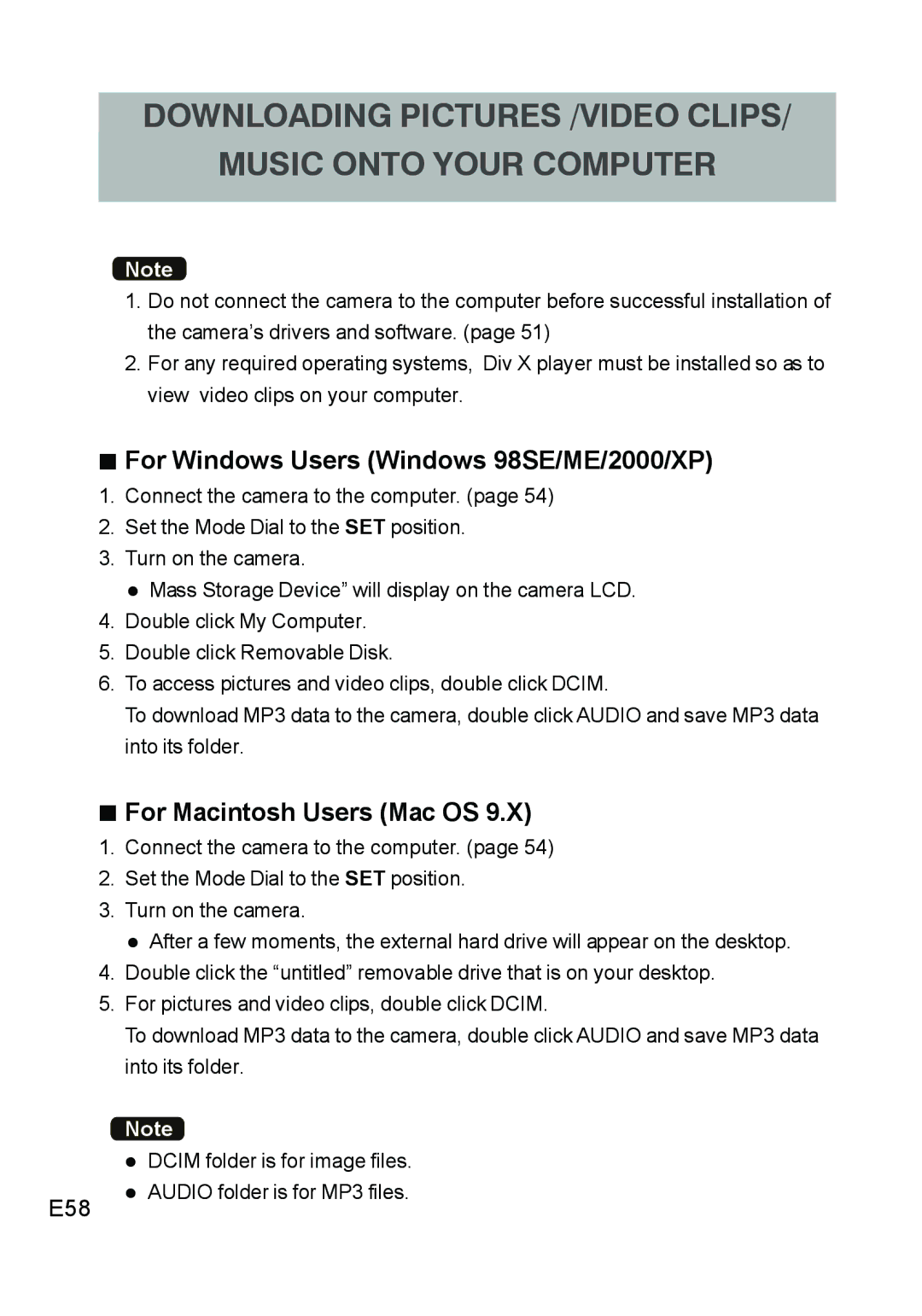 Concord Camera DV2020 manual „ For Windows Users Windows 98SE/ME/2000/XP, „ For Macintosh Users Mac OS, E58 