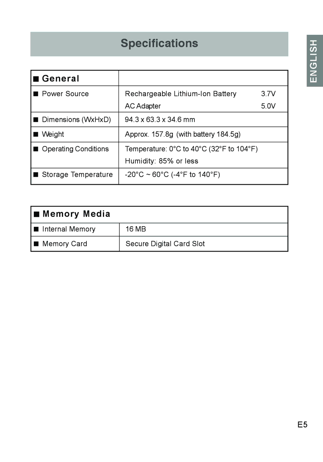 Concord Camera DV2020 manual „ General, „ Memory Media 