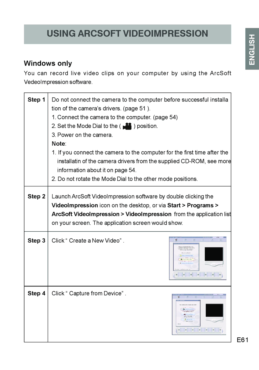 Concord Camera DV2020 Windows only, E61, On your screen. The application screen would show, Step Click Create a New Video 