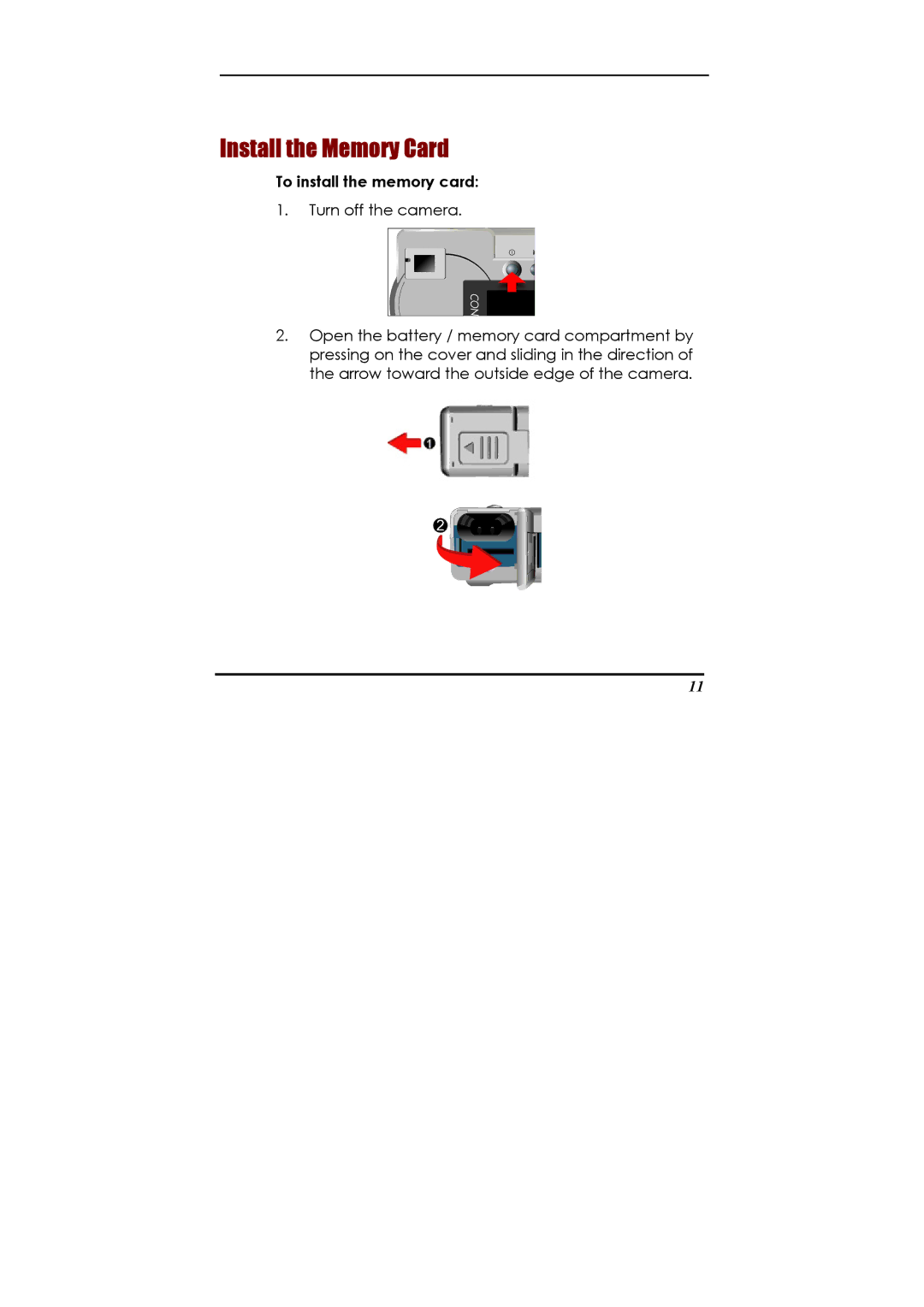 Concord Camera Eye-Q 2133z manual Install the Memory Card, To install the memory card 