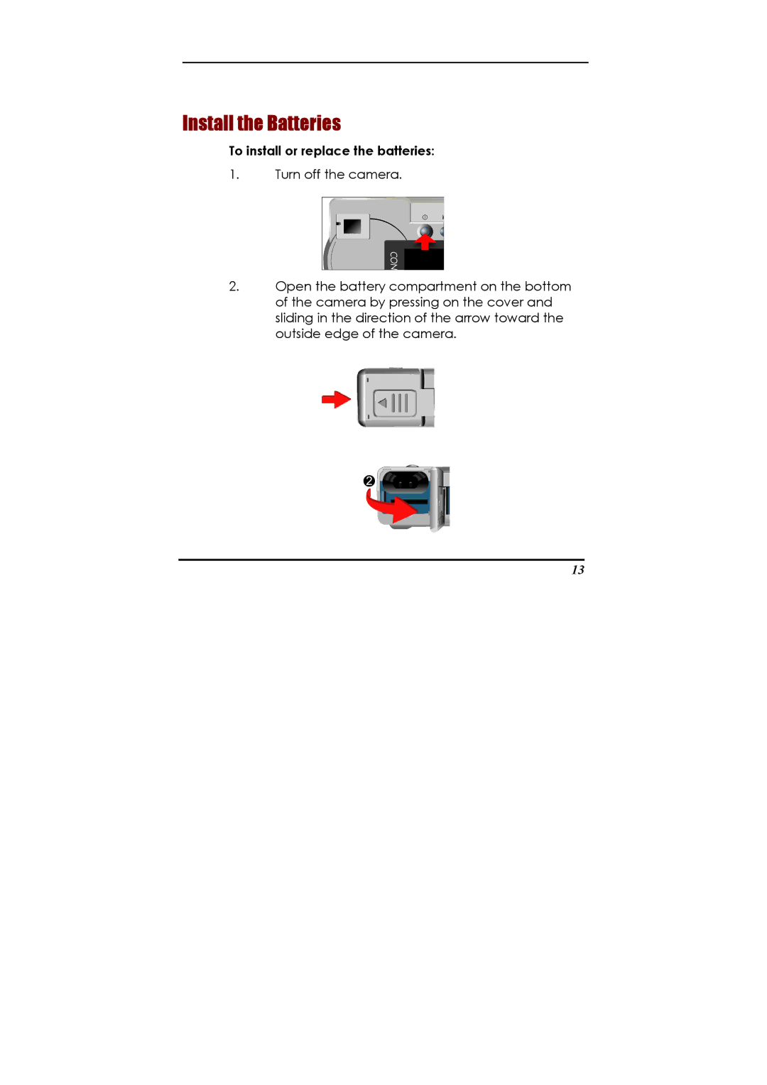 Concord Camera Eye-Q 2133z manual Install the Batteries, To install or replace the batteries 