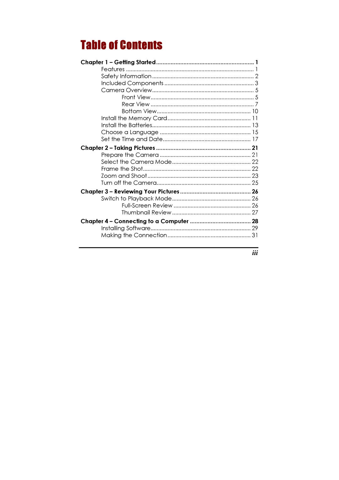 Concord Camera Eye-Q 2133z manual Table of Contents 