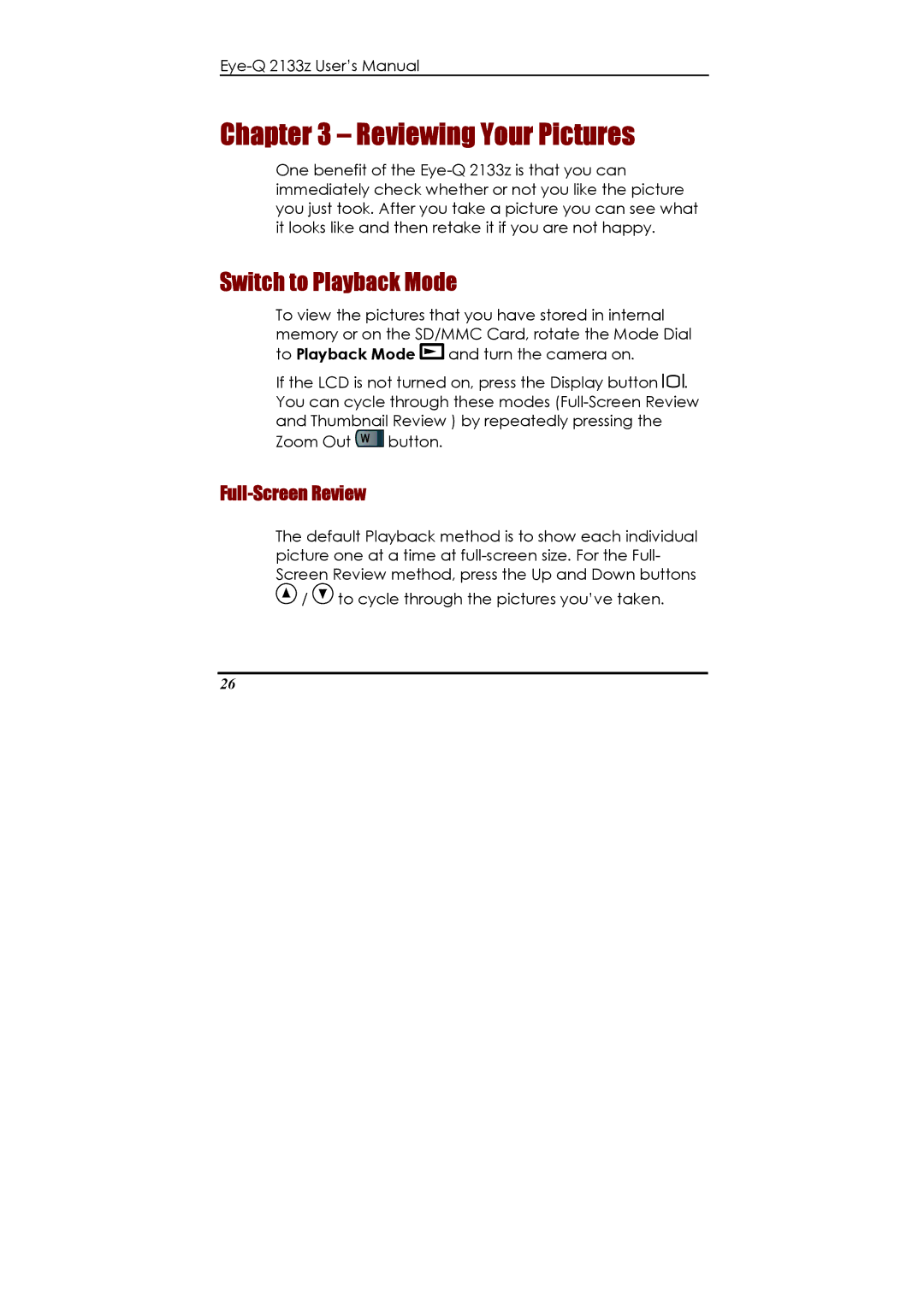 Concord Camera Eye-Q 2133z manual Reviewing Your Pictures, Switch to Playback Mode, Full-Screen Review 