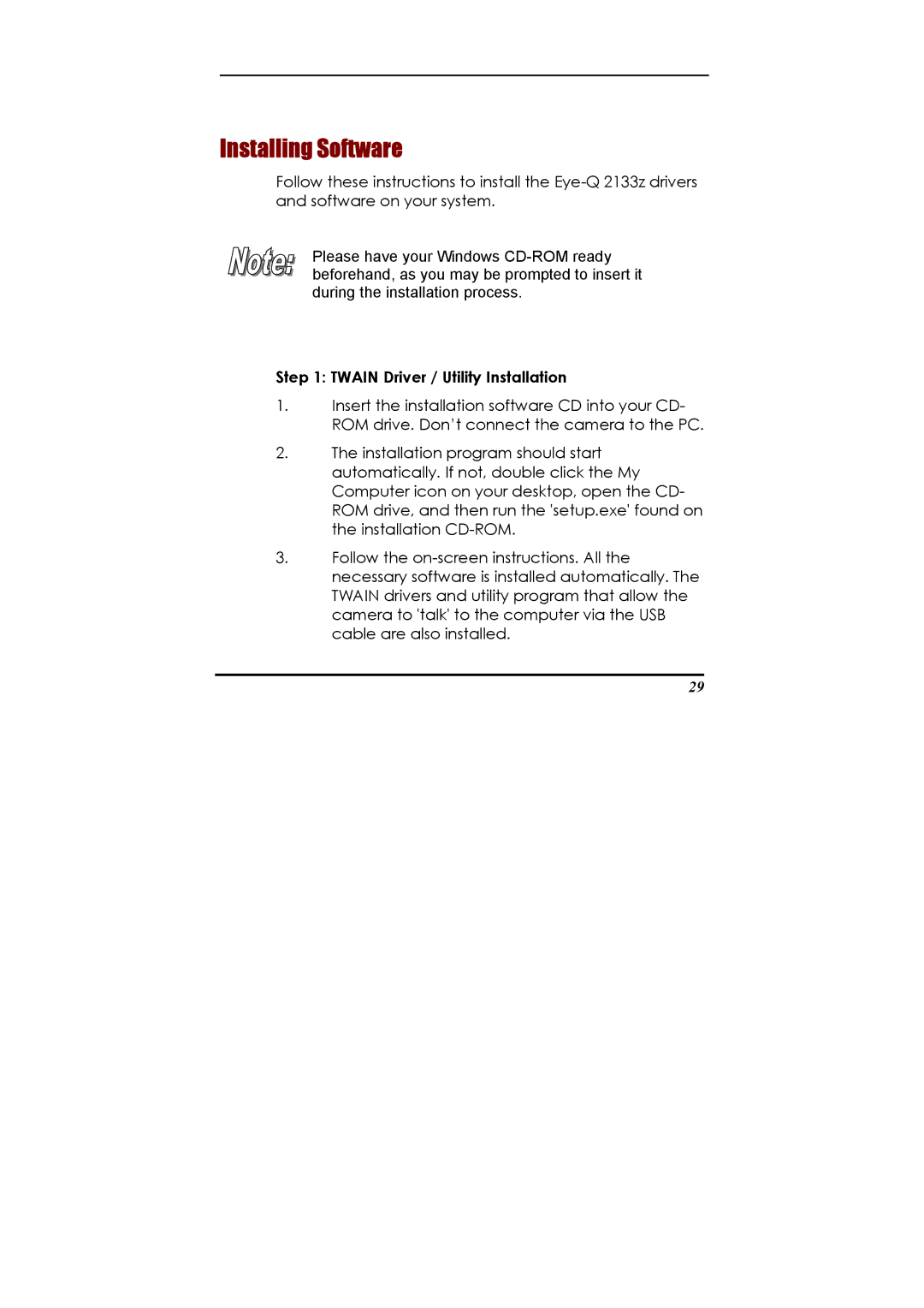 Concord Camera Eye-Q 2133z manual Installing Software, Twain Driver / Utility Installation 