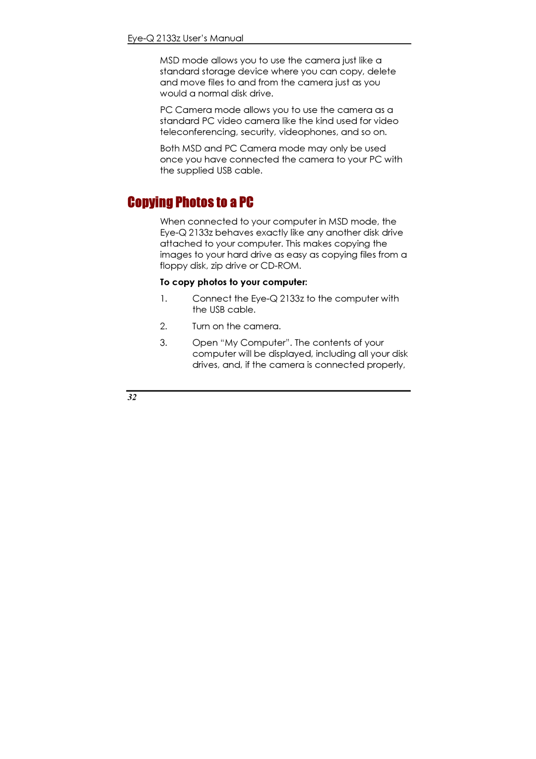 Concord Camera Eye-Q 2133z manual Copying Photos to a PC, To copy photos to your computer 