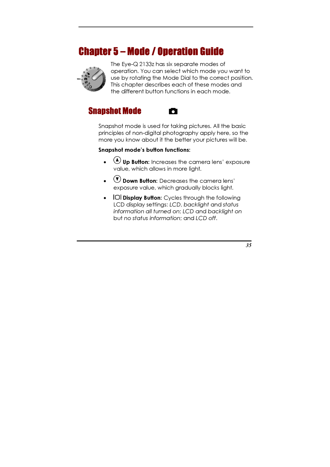 Concord Camera Eye-Q 2133z manual Mode / Operation Guide, Snapshot Mode, Snapshot mode’s button functions 