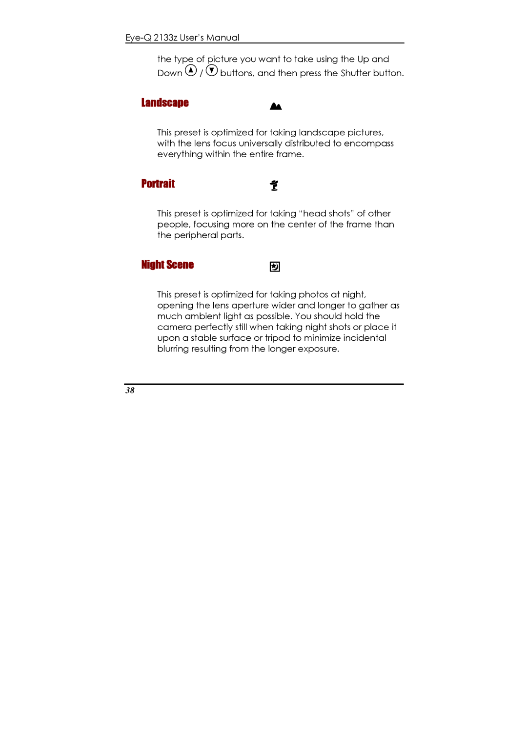 Concord Camera Eye-Q 2133z manual Landscape, Portrait, Night Scene 