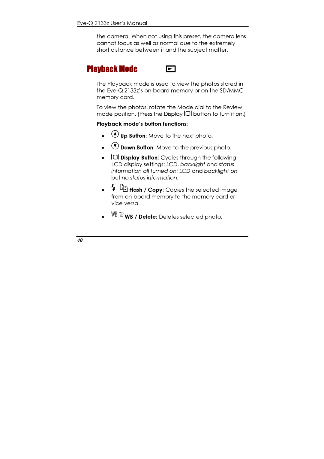 Concord Camera Eye-Q 2133z manual Playback Mode, Playback mode’s button functions 