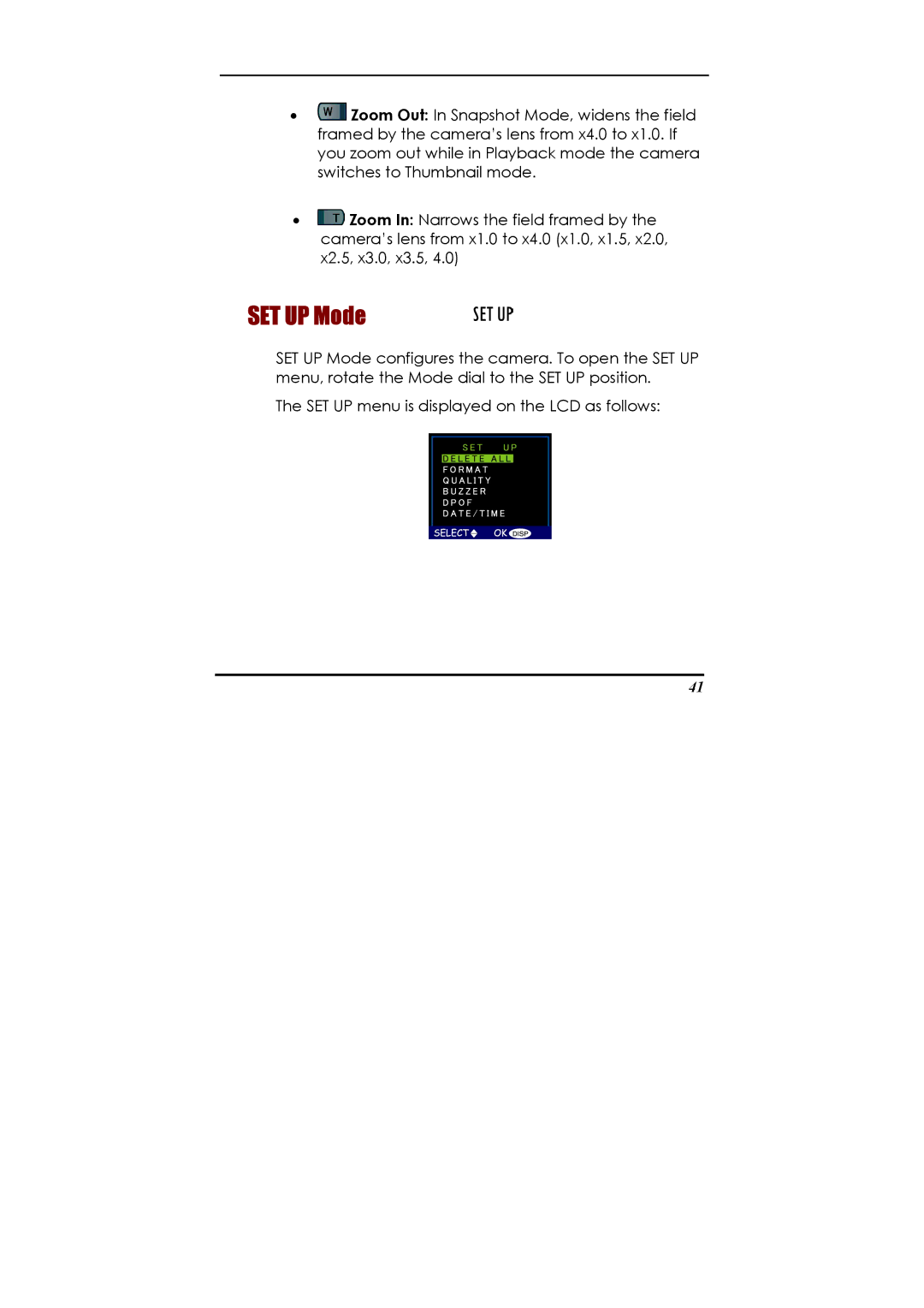 Concord Camera Eye-Q 2133z manual SET UP Mode 